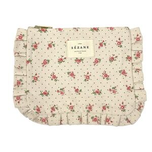 Sezane Ditsy Floral Ruffle Trim Small Cosmetic Makeup Bag Victorian Cottagecore